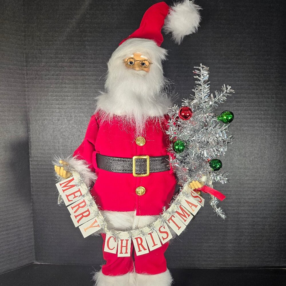 21" Tall Standing Santa With Merry Christmas Banner And Silver Decorated Tree